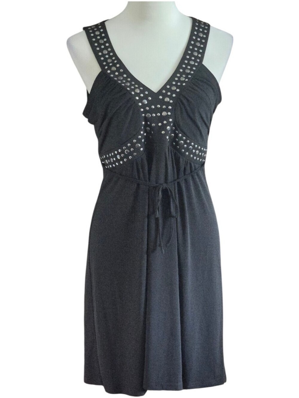 Spense Studded V Neck Mini Dress Womens 10 Black Jersey Knit Sleeveless Belt LBD